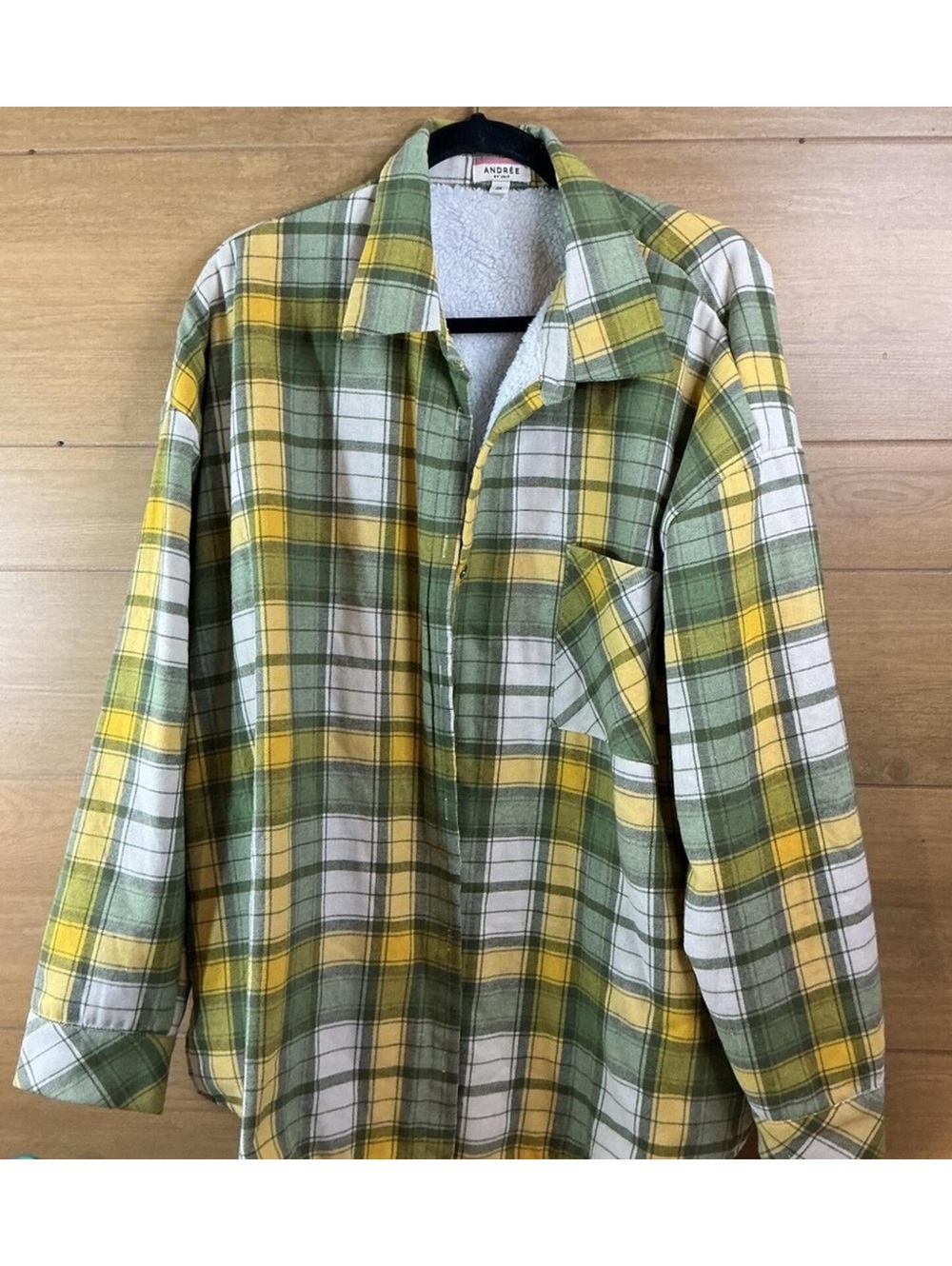 Andrée by Unit Plaid Sherpa Shacket Women 2X Green Yellow Button Jacket plus